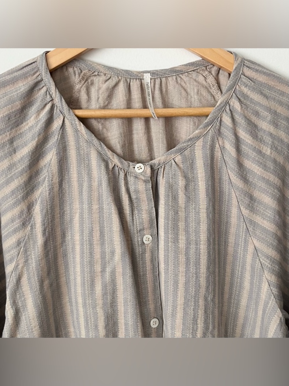 NWOT Hello Nite LA Cotton Blouse XS Blue Biege Striped Boho Oversized Breezy - Picture 3 of 5